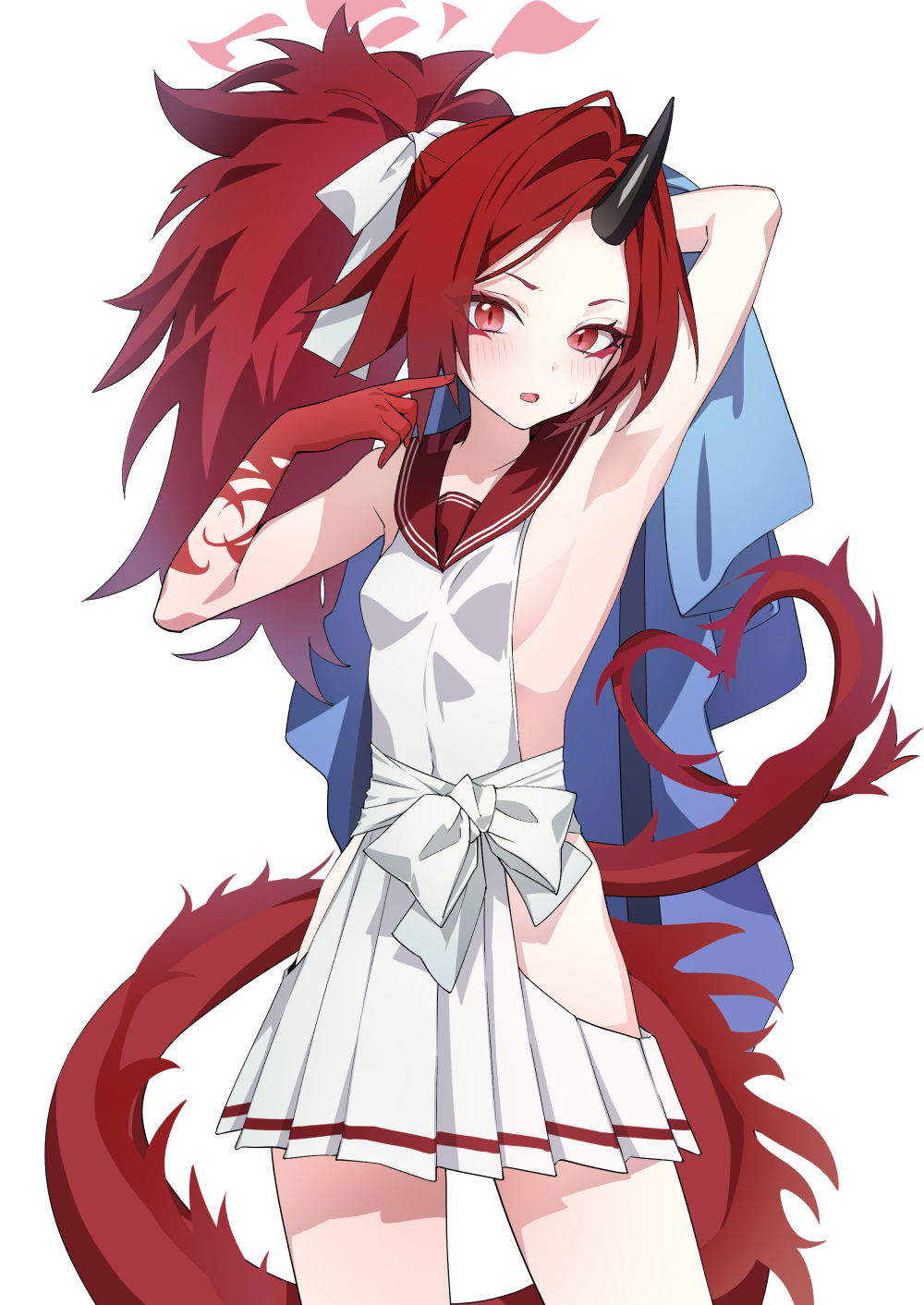 1girl armpits black_horns blue_archive blush breasts cowboy_shot dragon_tail eyeshadow halo highres horns long_hair looking_at_viewer makeup open_mouth pleated_skirt ponytail red_eyes red_eyeshadow red_halo red_sailor_collar red_tail redhead renge_(blue_archive) sailor_collar sideboob single_horn skirt small_breasts solo tail white_skirt yanyo_(ogino_atsuki)