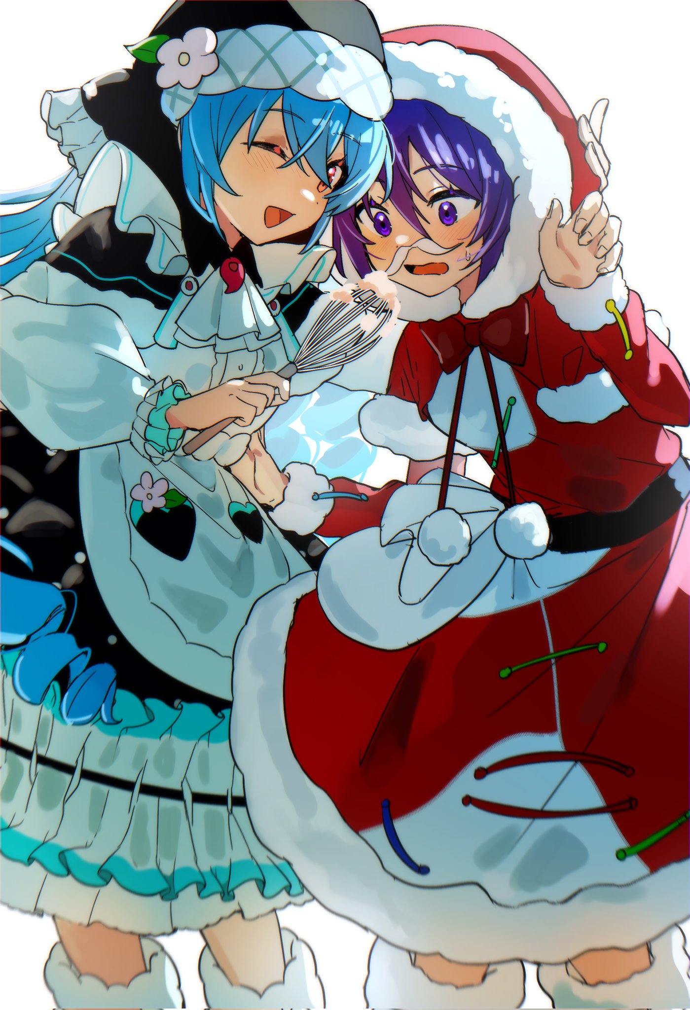 2girls :d belt black_belt blue_hair bow bowtie capelet cream dress fake_facial_hair fake_mustache feet_out_of_frame fur-trimmed_capelet fur-trimmed_dress fur-trimmed_footwear fur-trimmed_headwear fur-trimmed_sleeves fur_trim green_capelet green_dress green_hood hand_on_another's_head haniyasushin_keiki hat highres holding long_hair long_sleeves maisuiren multiple_girls one_eye_closed open_mouth pom_pom_(clothes) pouch purple_hair red_bow red_bowtie red_dress red_eyes santa_dress santa_hat short_hair simple_background smile solo tenkyuu_chimata touhou very_long_hair violet_eyes wavy_mouth whisk white_background