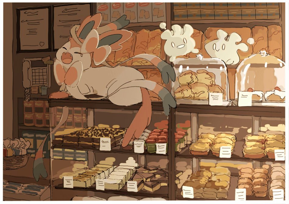 bakery basket border bow bowtie bread cake candy cc8nw42u15apug0 closed_eyes fangs food indoors lying no_humans open_mouth phone pink_bow pink_bowtie pink_fur pokemon pokemon_(creature) prehensile_ribbon shop sylveon white_border white_fur yawning