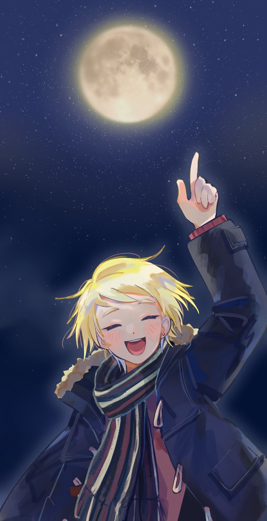 1boy ^_^ arigato_yciyh arm_up black_jacket blonde_hair closed_eyes earrings facing_viewer full_moon highres honda_iku jacket jewelry male_focus moon night night_sky open_clothes open_jacket open_mouth pointing pointing_up red_jacket scarf short_hair sky solo star_(sky) starry_sky striped striped_scarf stud_earrings tokimeki_memorial tokimeki_memorial_girl's_side_4th_heart upper_body