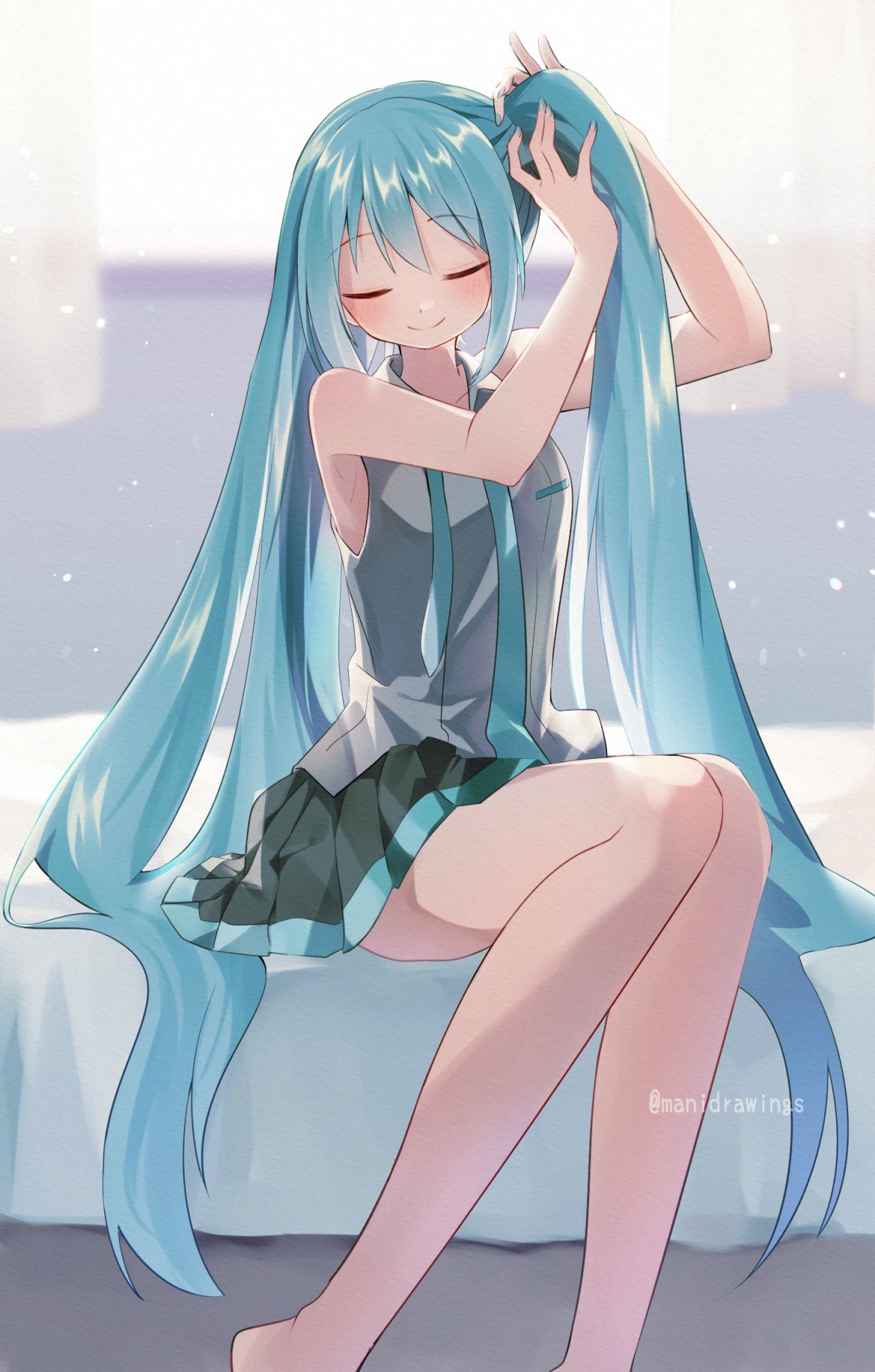 1girl adjusting_hair aqua_eyes aqua_hair aqua_necktie backlighting bare_arms bare_shoulders barefoot bed bedroom black_skirt blurry blurry_background closed_eyes closed_mouth curtains depth_of_field grey_shirt hair_between_eyes hair_down hairdressing hatsune_miku highres light_particles light_smile long_hair mani_(manidrawings) necktie on_bed pleated_skirt shirt sitting skirt smile solo twintails twitter_username tying_hair undone_necktie very_long_hair vocaloid