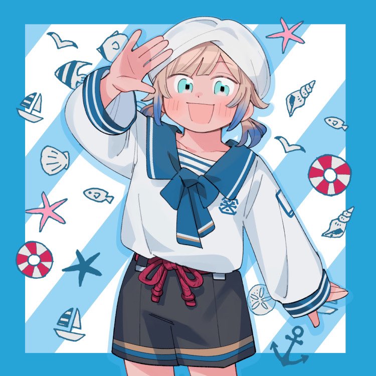 1boy anchor_symbol blonde_hair blue_eyes boat colored_tips commentary cowboy_shot english_commentary life_raft long_sleeves looking_at_viewer male_focus multicolored_hair oneroom-disco original outstretched_arm sailboat shorts smile solo starfish watercraft white_headwear