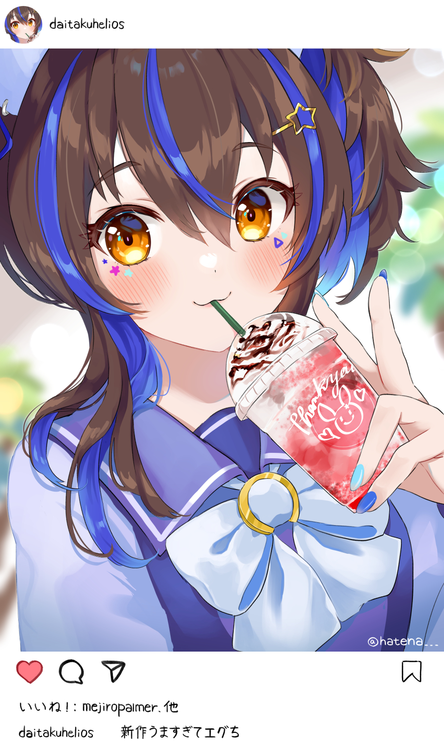 1girl animal_ears black_hair blue_bow blue_hair blue_nails blue_shirt blush bow character_name closed_mouth cup daitaku_helios_(umamusume) disposable_cup drinking_straw hair_between_eyes hair_ornament hairclip heart highres holding holding_cup horse_ears instagram looking_at_viewer masshirokachi multicolored_hair multicolored_nails nail_polish one_side_up orange_eyes paper_airplane revision school_uniform shirt smile solo speech_bubble star_(symbol) star_hair_ornament streaked_hair tracen_school_uniform translation_request twitter_username umamusume upper_body