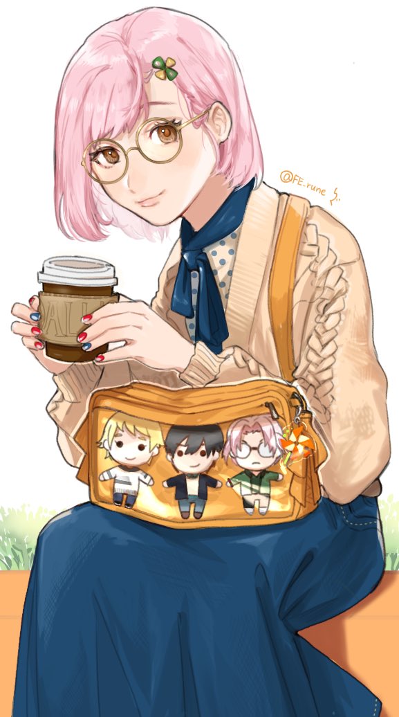 1girl bag bespectacled blue_nails blue_neckerchief blue_sky bob_cut casual character_print chibi closed_mouth clover_hair_ornament cup disposable_cup fe_rune feet_out_of_frame glasses hair_behind_ear hair_ornament hairclip hands_up holding holding_cup honda_iku kazama_ryouta knit_sweater long_skirt long_sleeves multicolored_nails nail_polish nanatsumori_minoru neckerchief pink_hair pinwheel protagonist_(tokimemo_gs4) red_eyes red_nails round_eyewear short_hair shoulder_bag sitting skirt sky smile solo sweater tokimeki_memorial tokimeki_memorial_girl's_side_4th_heart twintails white_background yellow-framed_eyewear
