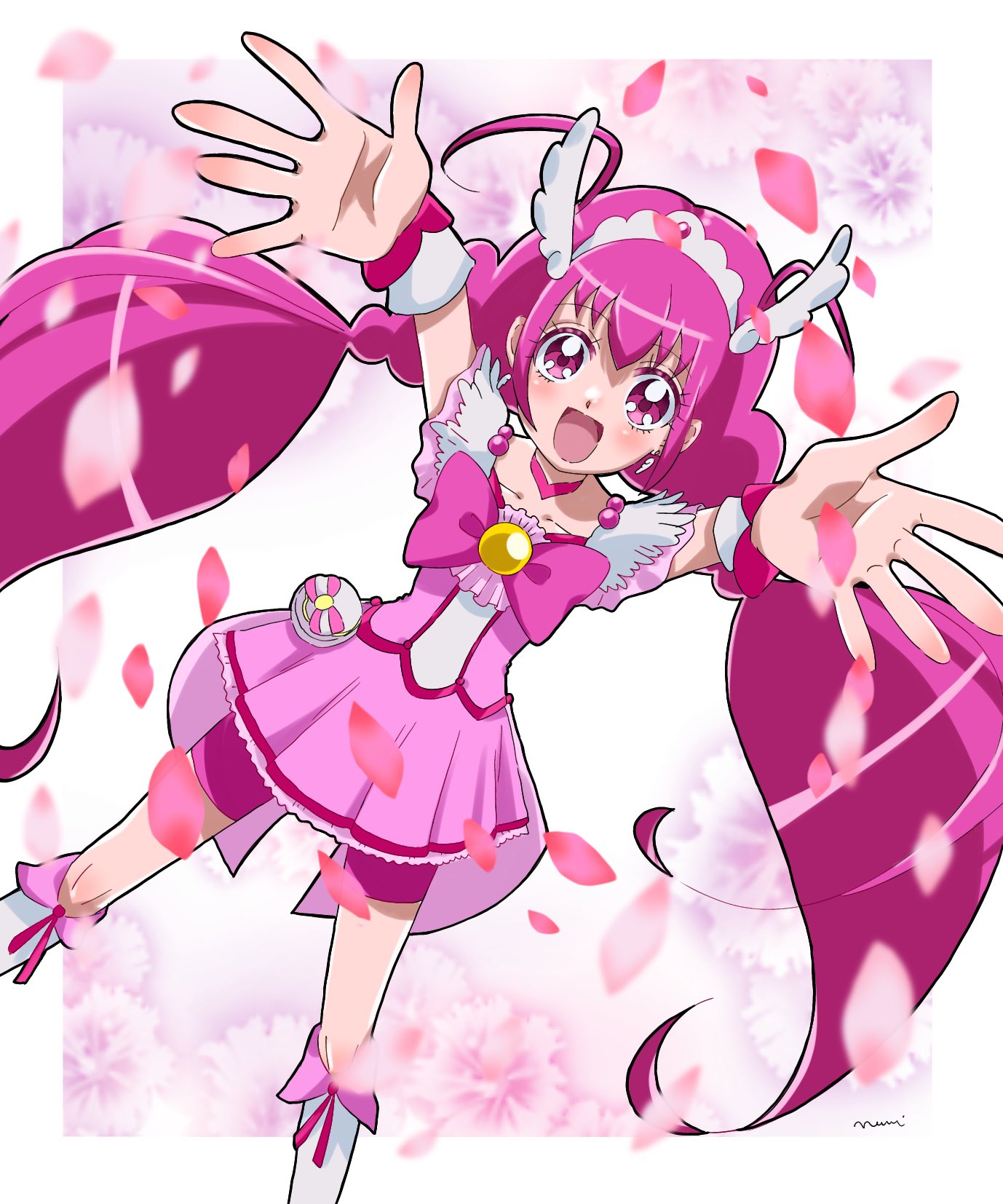 1girl :d arms_up bike_shorts_under_skirt blush bow cherry_blossoms choker commentary_request cure_happy head_wings highres hoshizora_miyuki jewelry long_hair looking_at_viewer magical_girl ofutonnnineko open_mouth outstretched_arms pink_bow pink_choker pink_eyes pink_hair pink_shorts pink_skirt precure shorts shorts_under_skirt simple_background skirt smile smile_precure! solo spread_fingers tiara twintails wings wrist_cuffs