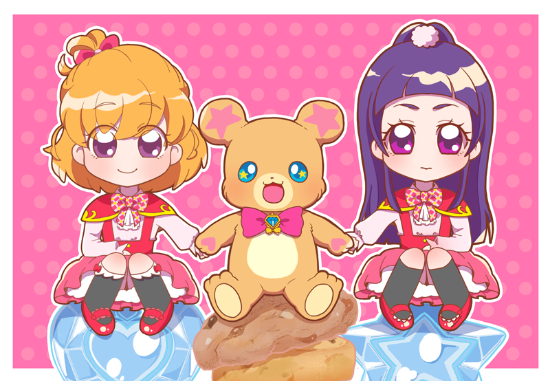 2girls asahina_mirai bear blonde_hair bow capelet chibi commentary_request cookie food holding holding_hands hoppetoonaka3 izayoi_liko kneehighs long_hair looking_at_viewer magic_school_uniform mahou_girls_precure! mofurun_(mahou_girls_precure!) multiple_girls pink_skirt plaid plaid_bow precure purple_hair red_capelet school_uniform simple_background skirt smile socks violet_eyes