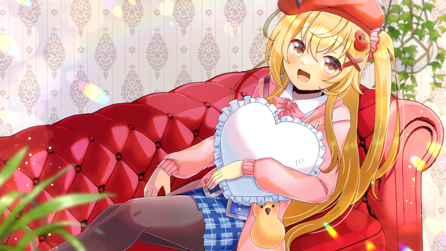 1girl :d beret black_pantyhose blonde_hair blue_skirt blurry blurry_foreground bow brown_eyes collared_shirt commentary_request commission couch depth_of_field feet_out_of_frame frilled_pillow frills hair_between_eyes hat heart heart_pillow hood hood_down hooded_jacket indie_virtual_youtuber indoors jacket kou_hiyoyo long_hair long_sleeves looking_at_viewer luminous_j on_couch one_side_up pantyhose pillow pink_bow pink_jacket plaid plaid_skirt pleated_skirt puffy_long_sleeves puffy_sleeves red_headwear shirt skeb_commission skirt sleeves_past_wrists smile solo very_long_hair virtual_youtuber white_shirt