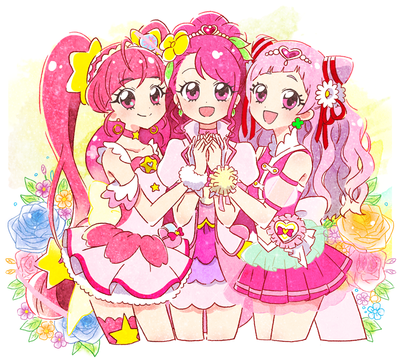 3girls :d ahoge bow choker clover_earrings commentary_request cone_hair_bun cure_grace cure_star cure_yell dress earrings flower four-leaf_clover_earrings hair_bun hair_flower hair_ornament hair_ribbon hanadera_nodoka healin'_good_precure heart heart_hair_ornament heart_pouch hoppetoonaka3 hoshina_hikaru hugtto!_precure jewelry layered_skirt leaf_earrings long_hair looking_at_viewer magical_girl multiple_girls nono_hana open_mouth pink_choker pink_dress pink_eyes pink_hair pink_skirt pom_pom_(cheerleading) precure puffy_sleeves ribbon short_bangs short_sleeves single_thighhigh skirt smile star_(symbol) star_hair_ornament star_twinkle_precure thick_eyelashes thigh-highs twintails