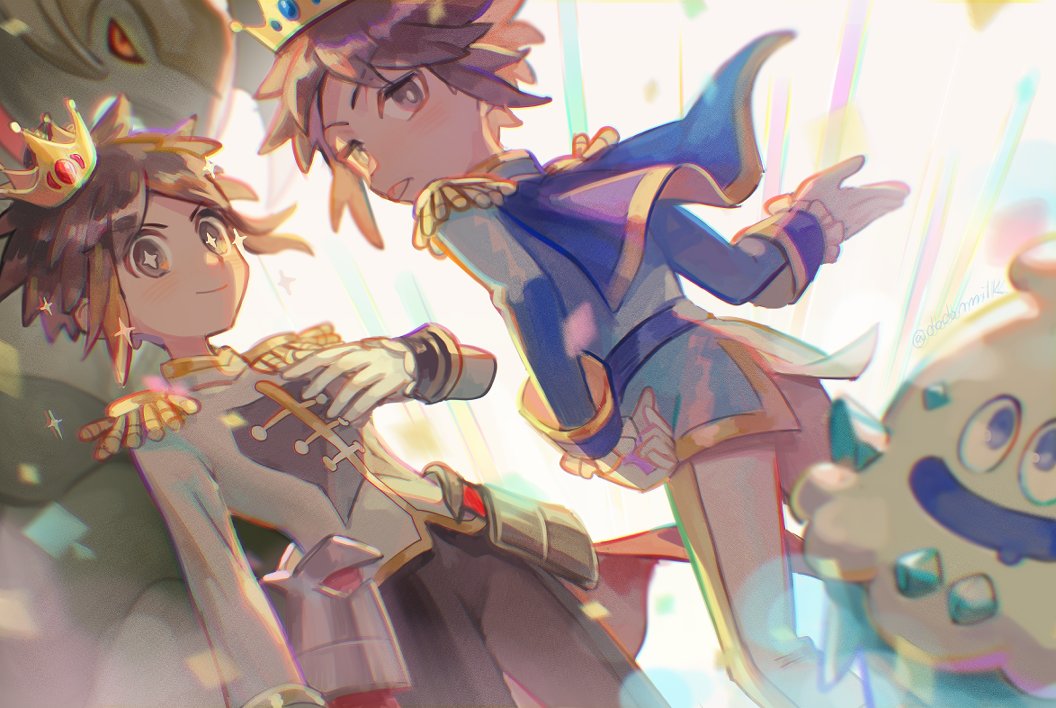 +_+ 2boys alternate_color blue_capelet blue_jacket bright_pupils brown_eyes brown_hair capelet closed_mouth commentary_request crown epaulettes gloves hand_on_own_hip haxorus huan_li jacket long_sleeves looking_to_the_side male_focus mini_crown multiple_boys nate_(champion)_(pokemon) nate_(pokemon) official_alternate_costume pants pokemon pokemon_(creature) pokemon_masters_ex shiny_pokemon short_hair smile vanillish white_gloves white_jacket white_pants