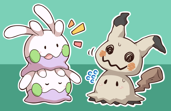 2027_(submarine2027) alternate_color black_eyes blush closed_eyes closed_mouth commentary_request flying_sweatdrops goomy green_background looking_at_another mimikyu no_humans notice_lines open_mouth outline pokemon pokemon_(creature) shiny_pokemon simple_background solid_oval_eyes sweatdrop two-tone_background u_u white_outline