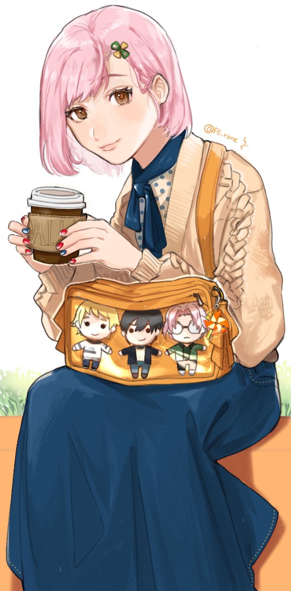 1girl bag blue_nails blue_neckerchief blue_sky bob_cut casual character_print chibi closed_mouth clover_hair_ornament cup disposable_cup fe_rune feet_out_of_frame hair_behind_ear hair_ornament hairclip hands_up holding holding_cup honda_iku kazama_ryouta knit_sweater long_skirt long_sleeves multicolored_nails nail_polish nanatsumori_minoru neckerchief pink_hair pinwheel protagonist_(tokimemo_gs4) red_eyes red_nails short_hair shoulder_bag sitting skirt sky smile solo sweater tokimeki_memorial tokimeki_memorial_girl's_side_4th_heart twintails white_background