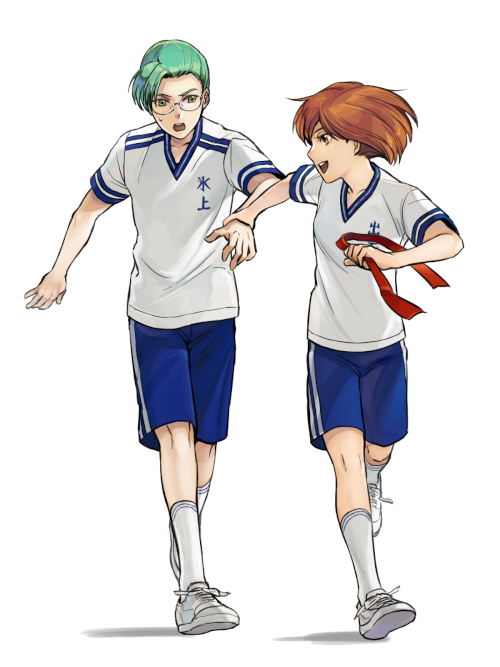 1boy 1girl aqua_eyes asymmetrical_bangs blue_shorts brown_eyes brown_hair clothes_writing full_body glasses green_eyes gym_uniform hand_up hands_up happy hikami_itaru holding holding_another's_wrist holding_ribbon kneehighs looking_at_another looking_back open_mouth outstretched_arm piyo profile protagonist_(tokimemo_gs2) pulling red_ribbon ribbon running shirt shoe_soles shoes short_hair short_sleeves shorts simple_background sneakers socks sweat tokimeki_memorial tokimeki_memorial_girl's_side_2nd_kiss white_background white_footwear white_shirt white_socks