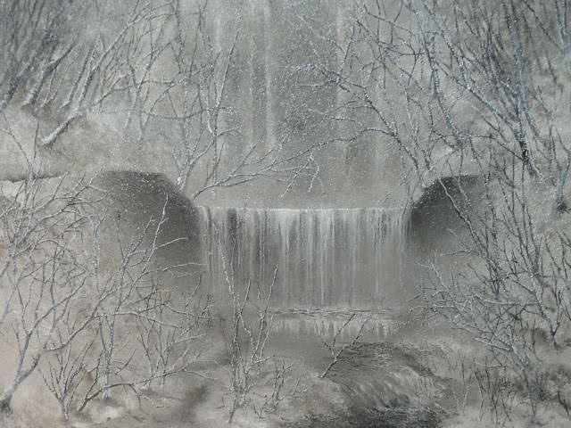 bare_tree branch forest mitzoka2001 nature no_humans original painting_(medium) river riverbank scenery snow snowing traditional_media tree water waterfall
