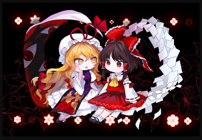 2girls ascot blonde_hair bow brown_eyes brown_hair commentary_request detached_sleeves eye_contact flower frilled_bow frilled_hair_tubes frills gap_(touhou) gohei hair_bow hair_tubes hakurei_reimu hand_on_own_cheek hand_on_own_face holding holding_gohei korean_commentary light_blush long_hair looking_at_another mary_janes multiple_girls open_mouth red_bow red_skirt ribbon-trimmed_sleeves ribbon_trim shoes short_hair skirt skirt_set socks touhou very_long_hair yakumo_yukari yellow_ascot yellow_eyes yin_yang yin_yang_print yuggug