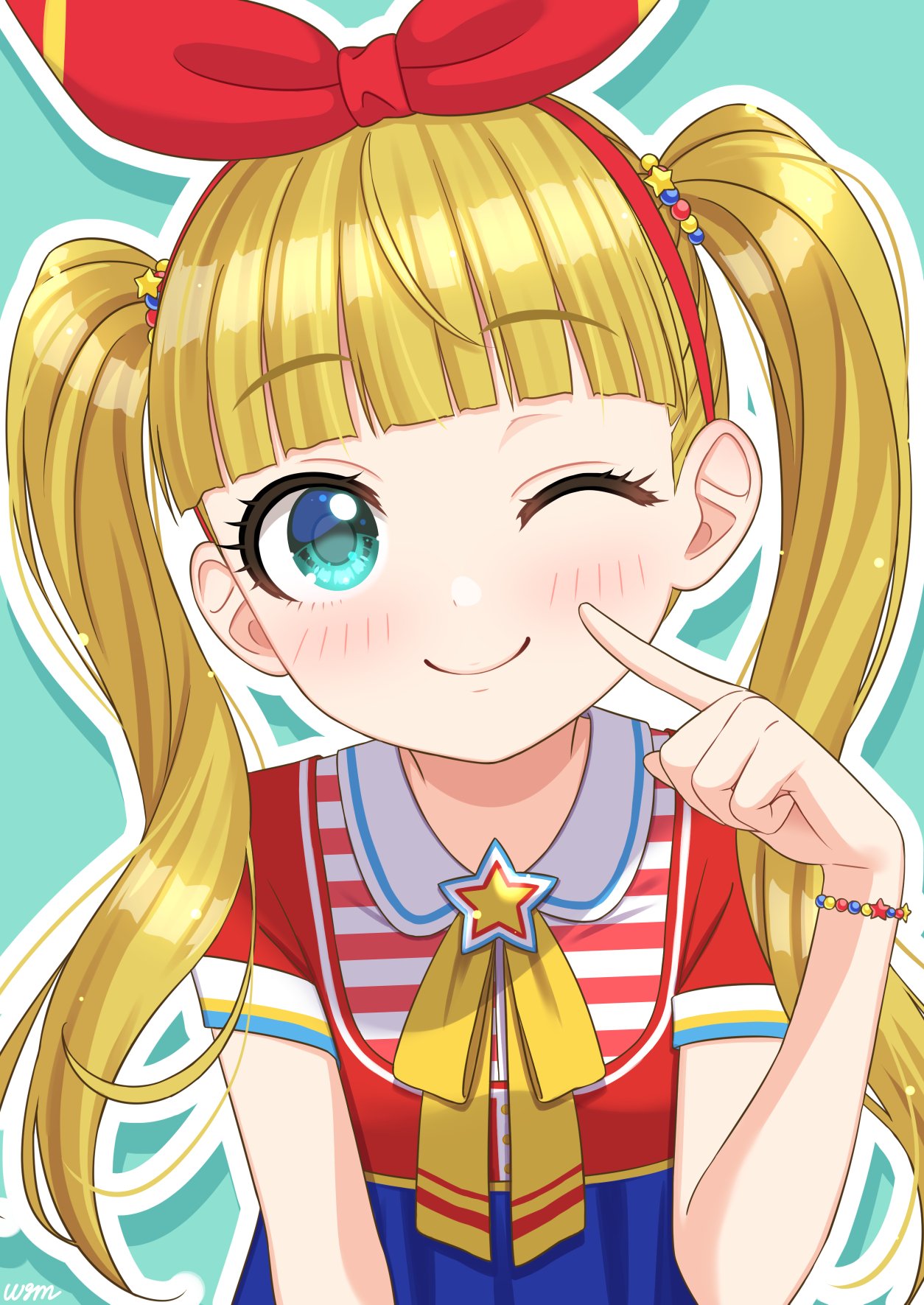 1girl blonde_hair blush bracelet commentary finger_to_cheek flat_chest green_background green_eyes hair_ribbon hand_up highres idolmaster idolmaster_cinderella_girls jewelry long_hair looking_at_viewer mary_cochran one_eye_closed red_ribbon red_shirt ribbon shirt short_sleeves smile solo star_ornament twintails upper_body wgm_oekaki yellow_ribbon