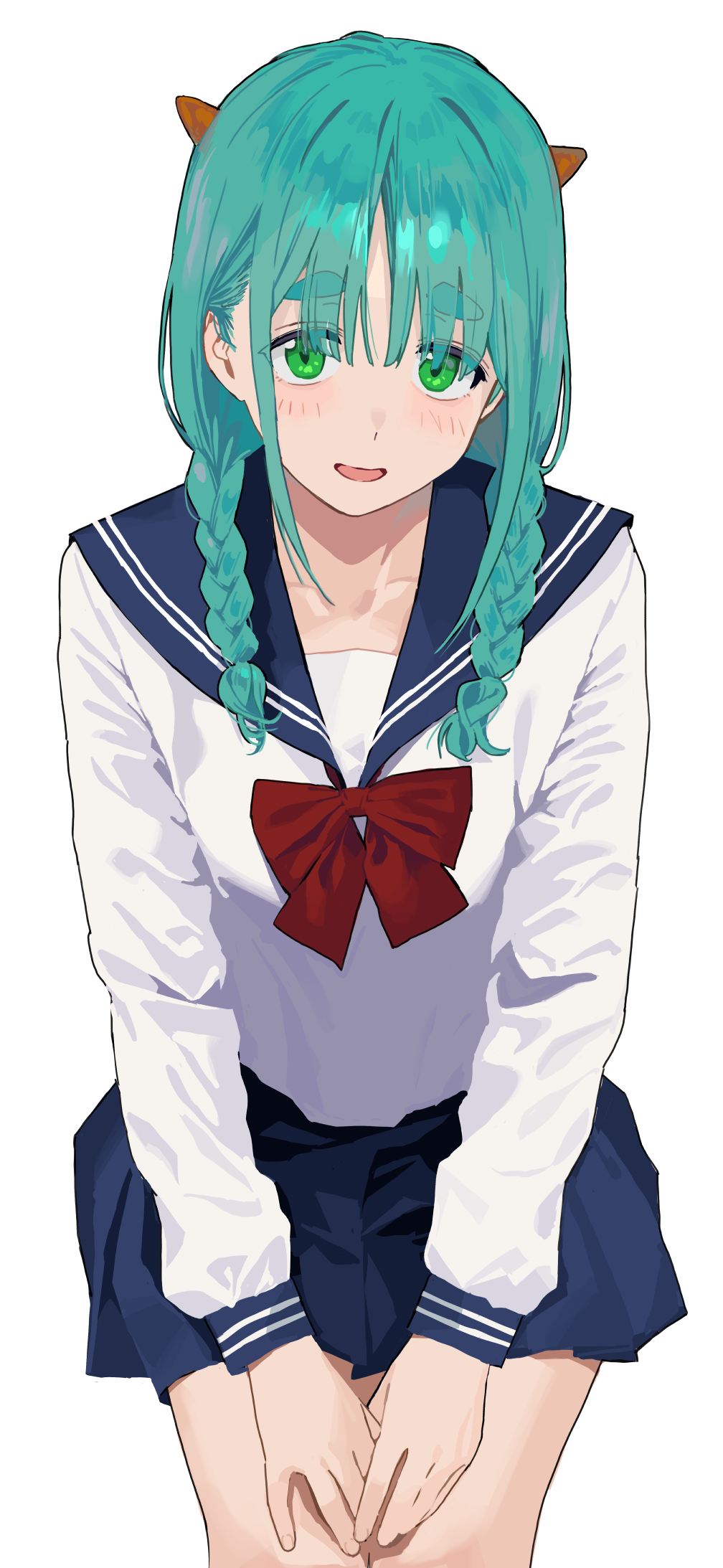 1girl blue_skirt blush braid collarbone demon_horns green_eyes green_hair highres horns invisible_chair long_sleeves looking_at_viewer nahia_(some1else45) original own_hands_together school_uniform serafuku shirt sidelocks simple_background sitting skirt smile solo some1else45 thick_eyebrows twin_braids white_background white_shirt