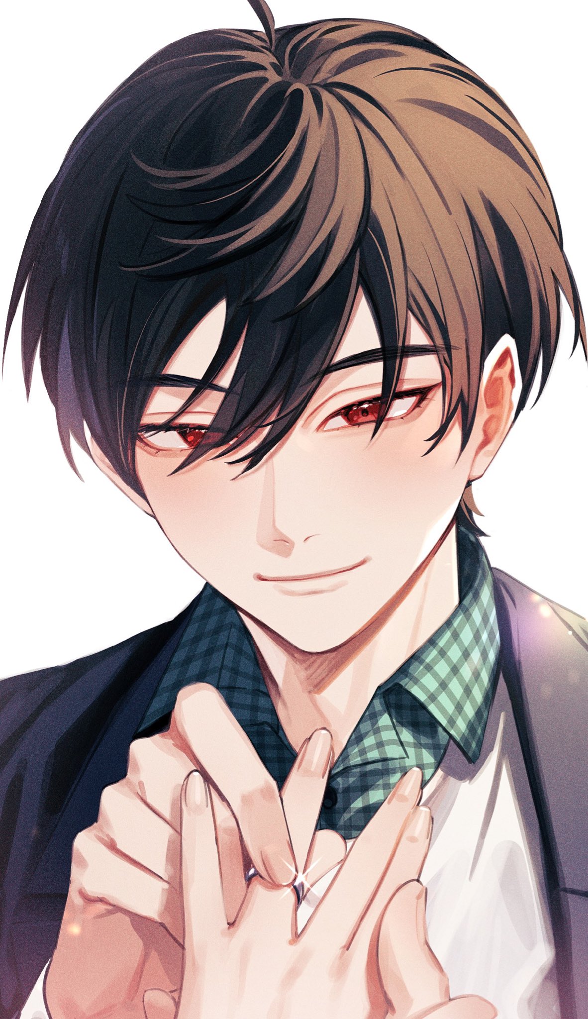 1boy brown_hair closed_mouth collared_shirt couple female_pov glint green_shirt hair_over_eyes hand_grab hands_up hetero highres holding holding_jewelry holding_ring jacket jewelry kazama_ryouta marriage_proposal nyuugakuman out_of_frame plaid plaid_shirt portrait pov pov_hands protagonist_(tokimemo_gs4) putting_on_jewelry ring shirt short_hair simple_background smile solo_focus tokimeki_memorial tokimeki_memorial_girl's_side_4th_heart white_background
