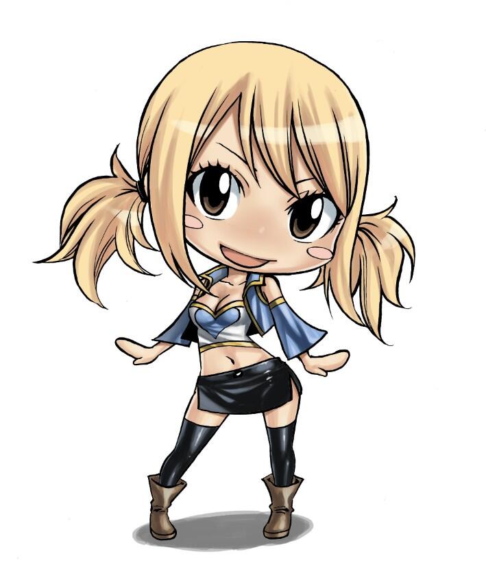 1girl black_skirt black_socks blonde_hair blue_shirt blush boots brown_eyes chibi collarbone crop_top cropped_shirt fairy_tail flexing full_body hair_ornament looking_at_viewer low_twintails lucy_heartfilia mashima_hiro mini_person minigirl miniskirt open_mouth shirt short_twintails simple_background skirt smile socks solo standing twintails white_background
