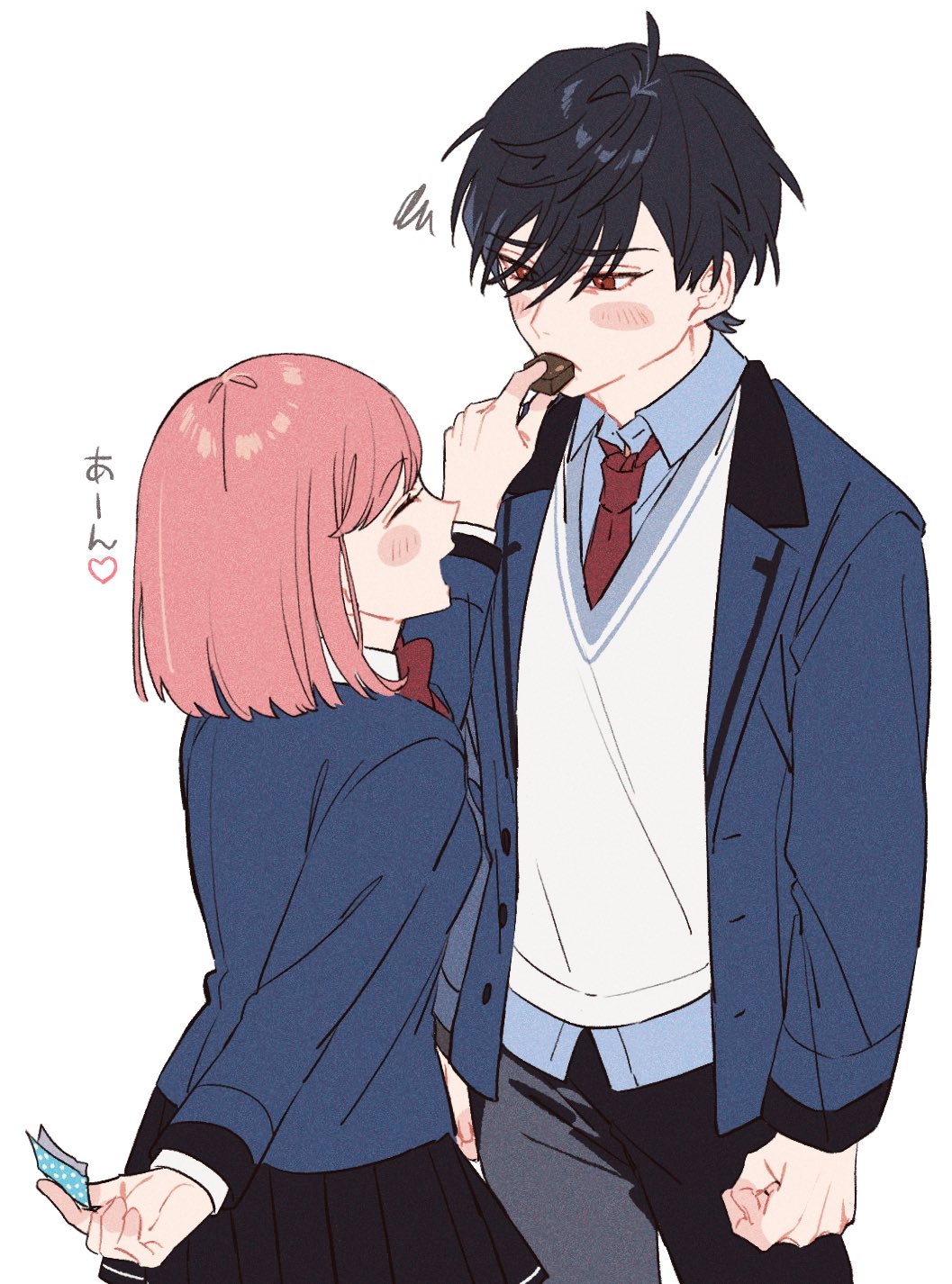 1boy 1girl arms_at_sides black_hair black_pants black_skirt blazer blue_jacket blue_shirt blush blush_stickers bow bowtie chocolate collared_shirt couple cowboy_shot facing_another feeding food food_wrapper from_side habataki_academy_school_uniform hair_over_one_eye heart height_difference hetero highres holding holding_behind_back holding_food jacket kazama_ryouta long_sleeves looking_at_another miniskirt necktie nyuugakuman open_mouth pants pink_hair pleated_skirt protagonist_(tokimemo_gs4) red_bow red_bowtie red_eyes red_necktie school_uniform shirt short_hair simple_background skirt sweater swept_bangs tokimeki_memorial tokimeki_memorial_girl's_side_4th_heart untucked_shirt white_background white_shirt