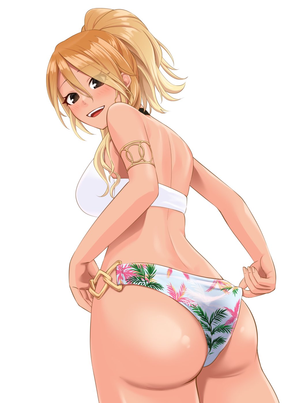1girl adjusting_clothes adjusting_swimsuit armlet ass back blonde_hair blush breasts brown_eyes choker highres idolmaster idolmaster_shiny_colors izumi_mei large_breasts long_hair looking_at_viewer looking_back open_mouth smile swimsuit tan tanjunde white_background