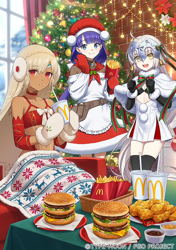 3girls ahoge altera_(fate) altera_the_santa_(fate) apron bell big_mac bikini bikini_top_only black_gloves black_thighhighs blue_eyes bow bra brooch brown_shirt burger capelet cheese chicken_nuggets choker christmas christmas_lights christmas_ornaments christmas_tree cup dark-skinned_female dark_skin disposable_cup drinking_straw earmuffs elbow_gloves fast_food fate/grand_order fate_(series) food french_fries fur-trimmed_capelet fur-trimmed_skirt fur_trim gift gloves green_bow hat headpiece holding holding_food holly jeanne_d'arc_alter_santa_lily_(fate) jewelry jingle_bell ketchup lettuce long_hair martha_(fate) martha_(santa)_(fate) mcdonald's mittens morikura_en multiple_girls official_art purple_hair red_bra red_choker red_eyes red_gloves red_headwear red_skirt ribbon santa_costume santa_hat sesame_seeds shirt skirt striped striped_bow striped_ribbon swimsuit thigh-highs underwear veil white_apron white_capelet white_mittens yellow_eyes