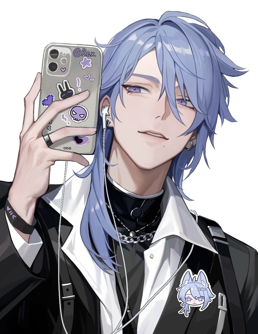 1boy black_jacket black_shirt blue_hair earphones earphones genshin_impact grey_background holding holding_phone jacket jewelry kamisato_ayato long_hair looking_at_viewer male_focus mole mole_under_mouth parted_lips phone rexcassday ring shirt solo teeth turtleneck violet_eyes white_shirt wristband