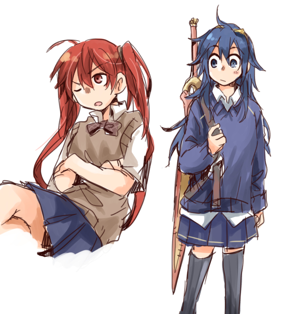 2girls alternate_costume blue_eyes blue_hair blue_skirt blue_sweater brown_vest falchion_(fire_emblem) fire_emblem fire_emblem_awakening hair_between_eyes holding holding_sword holding_weapon long_hair looking_at_another lucina_(fire_emblem) multiple_girls red_eyes redhead school_uniform severa_(fire_emblem) sheath sheathed shippo3101 skirt sweater sword thigh-highs twintails vest weapon white_background