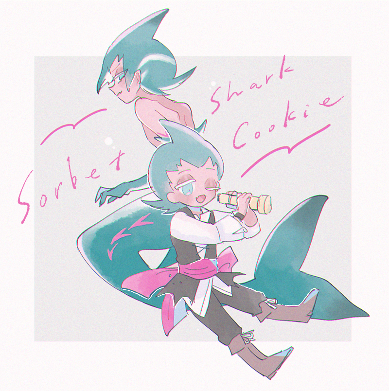 1other androgynous aqua_eyes aqua_hair boots brown_footwear character_request commentary cookie_run dual_persona fins fish_tail holding_telescope humanization mamimumemo personification red_sash sash shark_fin shark_tail solo sorbet_shark_cookie tail telescope