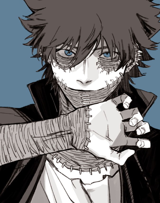 1boy blue_background blue_eyes boku_no_hero_academia burn_scar coat dabi_(boku_no_hero_academia) hair_between_eyes male_focus monochrome multiple_piercings multiple_scars rnuyvm scar scar_on_hand scar_on_neck shirt short_hair simple_background solo spiky_hair spot_color stapled stitches upper_body wrinkled_skin