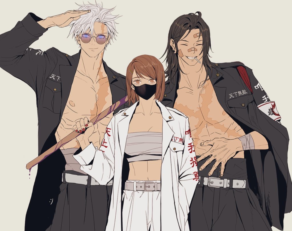 1girl 2boys ^_^ abs arm_up bandaid bandaid_on_face belt black_coat black_hair black_pants blood blood_on_weapon blue_eyes brown_hair chest_sarashi closed_eyes closed_mouth coat cowboy_shot delinquent getou_suguru gojou_satoru grey_background grin hair_ornament hairclip hand_in_pocket holding holding_weapon ieiri_shoko jujutsu_kaisen kukig8765 long_hair long_sleeves looking_at_viewer mouth_hold multiple_boys muscular muscular_male open_clothes open_coat pants purple_nails round_eyewear salute sarashi scar scar_on_chest scar_on_face scar_on_forehead short_hair simple_background smile standing sunglasses teeth teeth_hold weapon white_belt white_coat white_hair white_pants