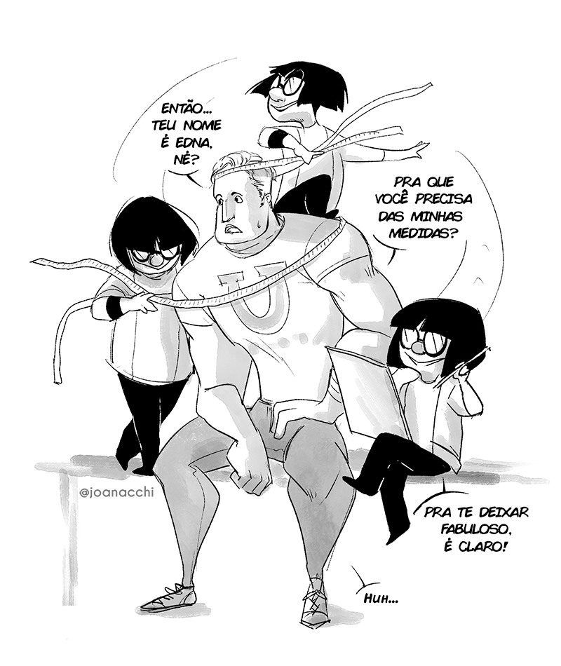 1boy 1girl artist_name confused edna_mode glasses jacket jojo_fraga monochrome mr._incredible muscular muscular_male pants parted_lips portuguese_text short_hair sitting standing standing_on_person sweatdrop tape_measure the_incredibles