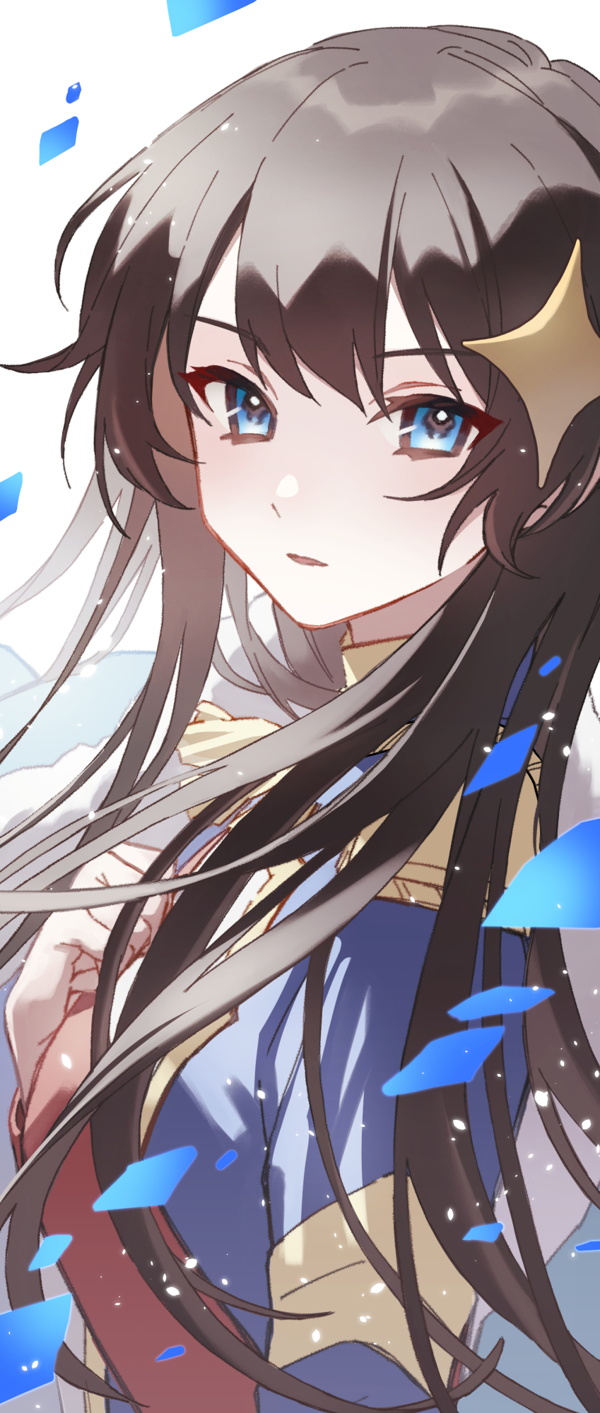 1girl arm_at_side black_hair blue_eyes blue_jacket commentary confetti epaulettes from_side fur-trimmed_jacket fur_trim hair_ornament hand_on_own_chest hand_up highres jacket jacket_on_shoulders kagura_hikari light_particles long_hair long_sleeves looking_at_viewer looking_to_the_side parted_lips red_sash sash shoujo_kageki_revue_starlight shoulder_sash simple_background solo sparkle_hair_ornament tareko upper_body white_background