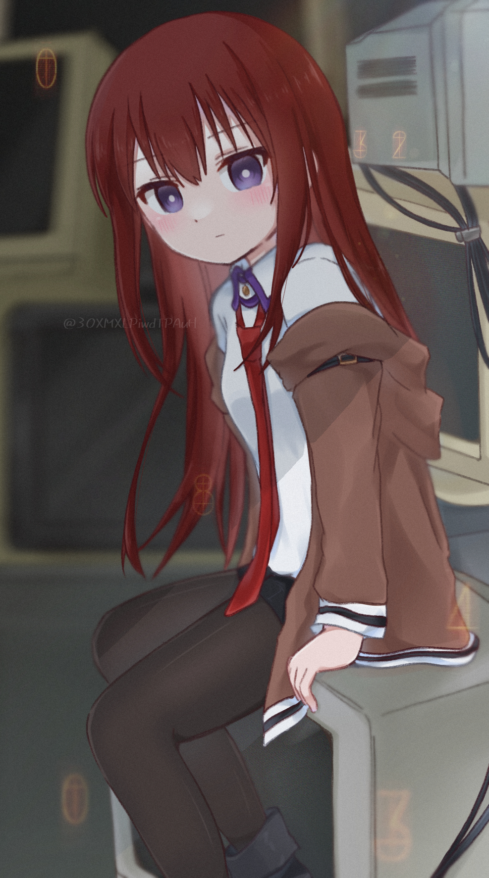 1girl artist_name black_footwear black_pantyhose black_shorts blurry blurry_background blush brown_jacket closed_mouth depth_of_field feet_out_of_frame highres indoors jacket kanzaki_nyo long_hair long_sleeves looking_at_viewer makise_kurisu monitor necktie off_shoulder open_clothes open_jacket pantyhose pantyhose_under_shorts red_necktie redhead shirt shorts sitting solo steins;gate twitter_username violet_eyes white_shirt