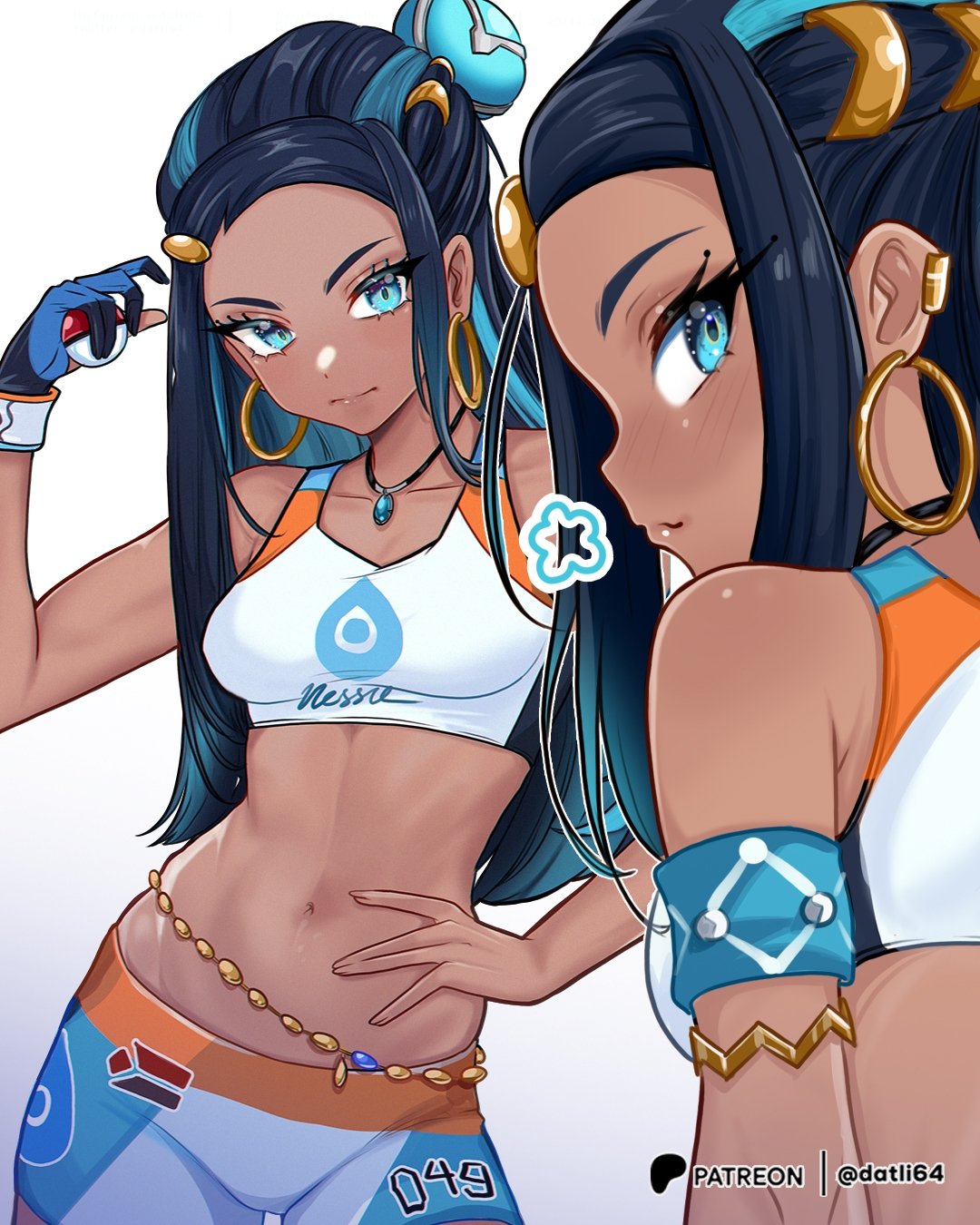 1girl :3 =3 armband armlet belly_chain black_gloves black_hair blue_eyes blue_gloves blue_hair blush breasts closed_mouth cowboy_shot crop_top dark_skin datli64 earrings english_commentary from_behind gloves groin hair_ornament hand_on_own_hip highres holding holding_poke_ball hoop_earrings jewelry light_smile long_hair looking_at_viewer midriff multicolored_clothes multicolored_gloves multicolored_hair multiple_views navel necklace nessa_(pokemon) partially_fingerless_gloves patreon_logo patreon_username poke_ball pokemon pokemon_swsh simple_background single_glove smile sportswear streaked_hair white_background wristband