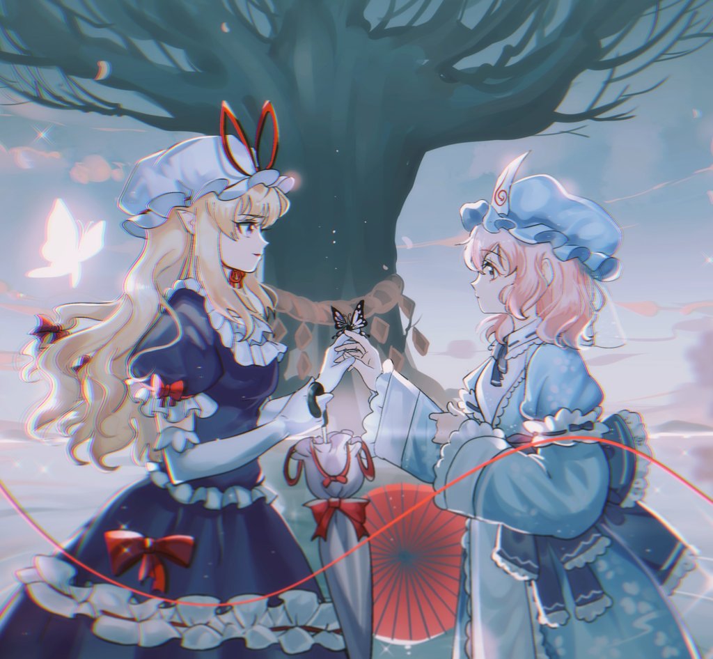 2girls back_bow belt blonde_hair blue_belt blue_bow blue_headwear blue_kimono blue_ribbon blue_sky bow branch breasts bug butterfly butterfly_wings closed_mouth commentary_request dress elbow_gloves fingernails floral_print flying frills gloves gradient_sky hair_between_eyes hair_bow hands_up hat hat_bow holding holding_umbrella insect_wings japanese_clothes juliet_sleeves kimono long_hair long_sleeves looking_at_another medium_breasts mob_cap multiple_girls neck_ribbon outdoors panghulao pink_eyes pink_hair pink_sky puffy_short_sleeves puffy_sleeves purple_dress red_bow red_ribbon ribbon saigyou_ayakashi saigyouji_yuyuko short_hair short_sleeves sidelocks sky smile sparkle standing string string_of_fate thread touhou tree triangular_headpiece umbrella veil violet_eyes water wavy_hair white_gloves white_headwear wide_sleeves wing_collar wings yakumo_yukari