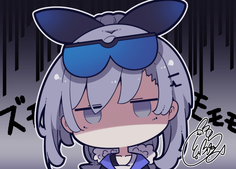1girl beni_shake black_ribbon chibi collarbone commentary_request goggles goggles_on_head grey_background grey_eyes grey_hair hair_ornament hair_ribbon hairclip honkai:_star_rail honkai_(series) jitome long_hair looking_at_viewer no_mouth outline ponytail ribbon shaded_face signature silver_wolf_(honkai:_star_rail) solo text_background translation_request upper_body white_outline