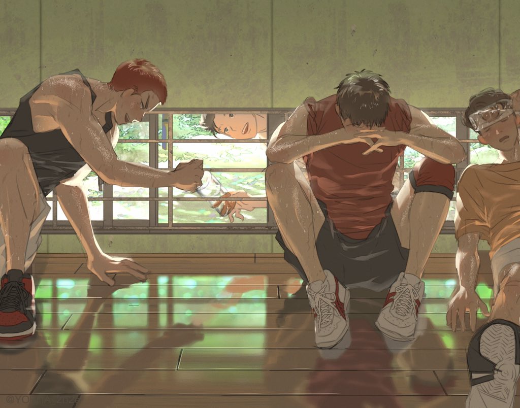 4boys angry ball basketball_(object) basketball_jersey bench bishounen black_eyes black_tank_top black_wristband bottle bottle_on_head brown_eyes brown_hair buzz_cut full_body holding holding_bottle hot indoors knee_brace looking_inside looking_outside male_focus mito_youhei mitsui_hisashi miyagi_ryouta multiple_boys on_floor open_mouth red_shorts red_tank_top red_wristband redhead sakuragi_hanamichi shiny_floor shirt shoes short_hair shorts sitting slam_dunk_(series) sleeves_rolled_up sneakers sweat tank_top toned toned_male undercut very_short_hair water_bottle wavy_hair white_shorts white_towel yellow_shirt yorha_2b2e