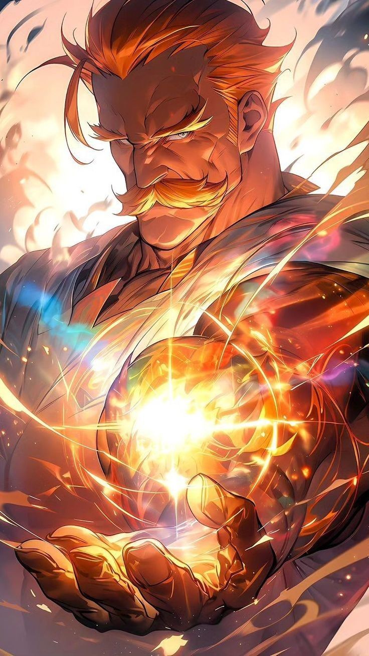 1boy embers energy_ball escanor facial_hair fiery_aura fire highres holding jgrimaldomarquez looking_at_viewer male_focus muscular mustache nanatsu_no_taizai outstretched_arm outstretched_hand pyrokinesis shirt short_hair solo suit sun upper_body