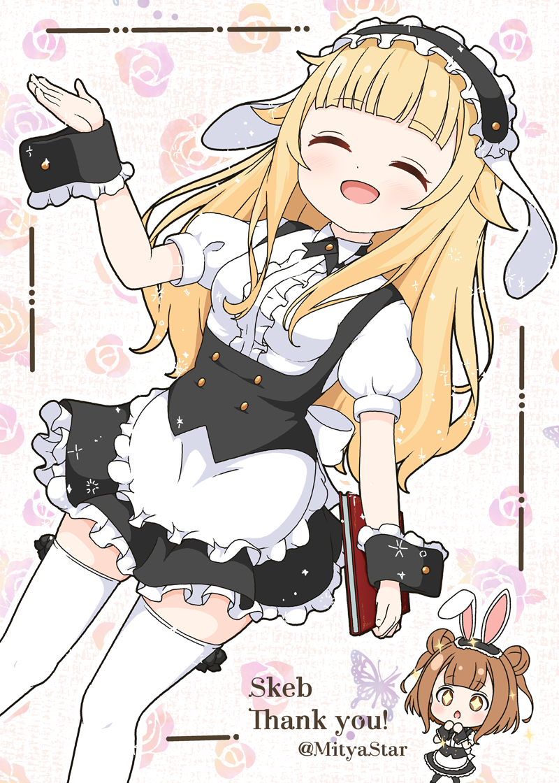 +_+ 2girls :d :o ^_^ animal_ears apron beatrice_(princess_principal) black_hairband black_skirt blonde_hair blush breasts brown_eyes brown_hair center_frills chibi chibi_inset closed_eyes collared_shirt commentary_request commission cosplay double_bun fake_animal_ears fleur_de_lapin_uniform floppy_ears floral_background frilled_apron frilled_hairband frilled_skirt frills gochuumon_wa_usagi_desu_ka? hair_bun hairband kirima_syaro kirima_syaro_(cosplay) long_hair medium_breasts mitya multiple_girls partial_commentary princess_(princess_principal) princess_principal puffy_short_sleeves puffy_sleeves rabbit_ears shirt short_sleeves skeb_commission skirt smile solo_focus thank_you thigh-highs twitter_username two_side_up uniform very_long_hair waitress white_apron white_shirt white_thighhighs wrist_cuffs