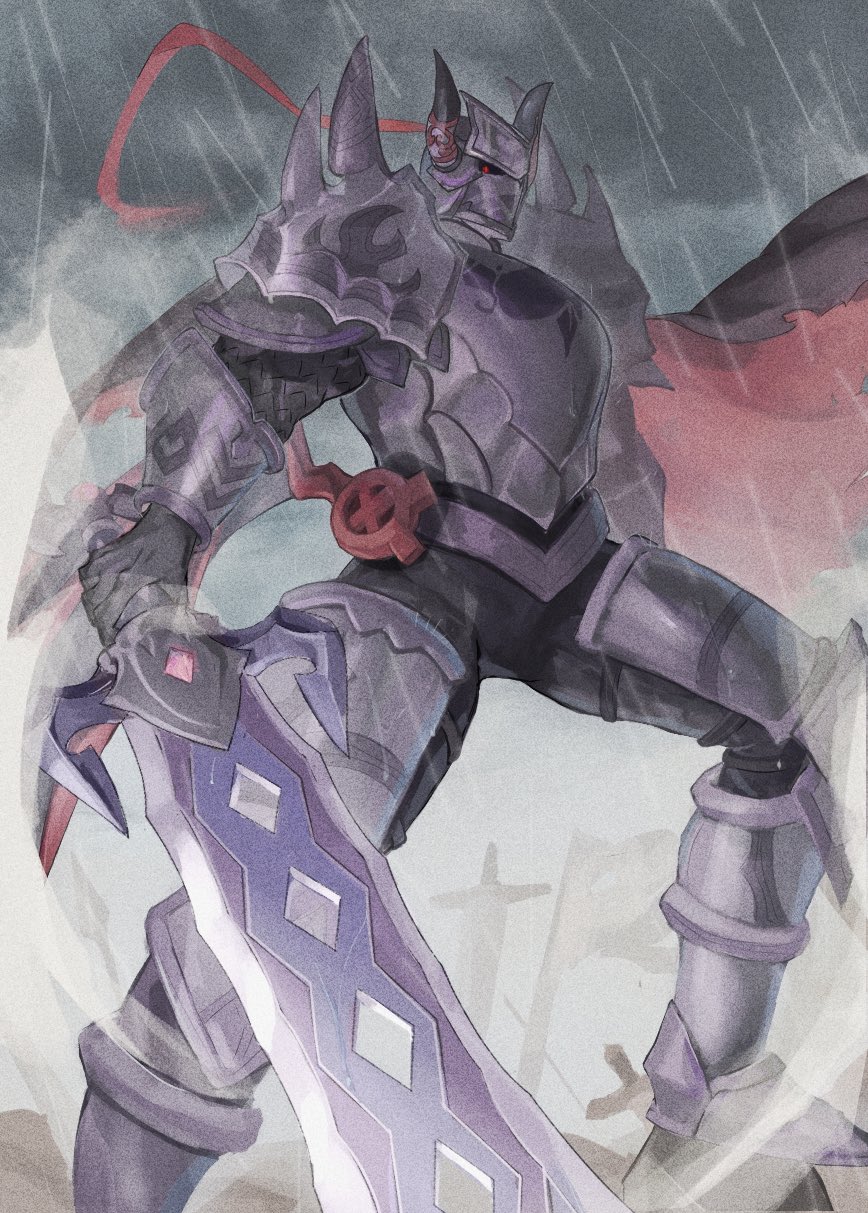 1boy armor berserker_(dragalia_lost) black_cape cape clouds commentary dark_clouds dragalia_lost fake_horns flag from_below helmet highres holding holding_sword holding_weapon horned_helmet horns looking_at_viewer male_focus planted planted_spear planted_sword polearm purple_armor rain re_(pixiv_89203939) spear spiked_pauldrons sword symbol-only_commentary torn_flag weapon