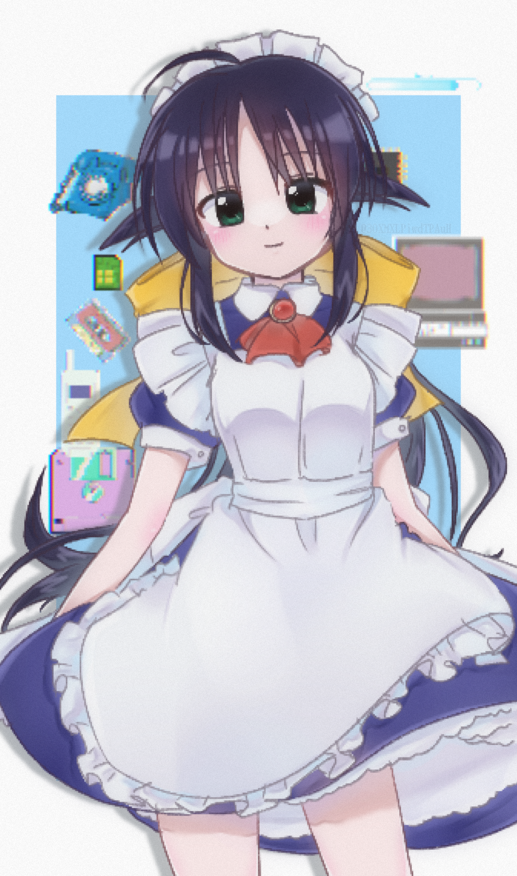 1girl ahoge andou_mahoro apron ascot black_hair blue_dress blush border bow brooch cassette_tape cellphone closed_mouth computer dress floppy_disk green_eyes highres icon_(computing) jewelry jpeg_artifacts kanzaki_nyo laptop long_hair looking_at_viewer mahoromatic maid maid_headdress phone pixels red_ascot smile solo white_apron white_border yellow_bow