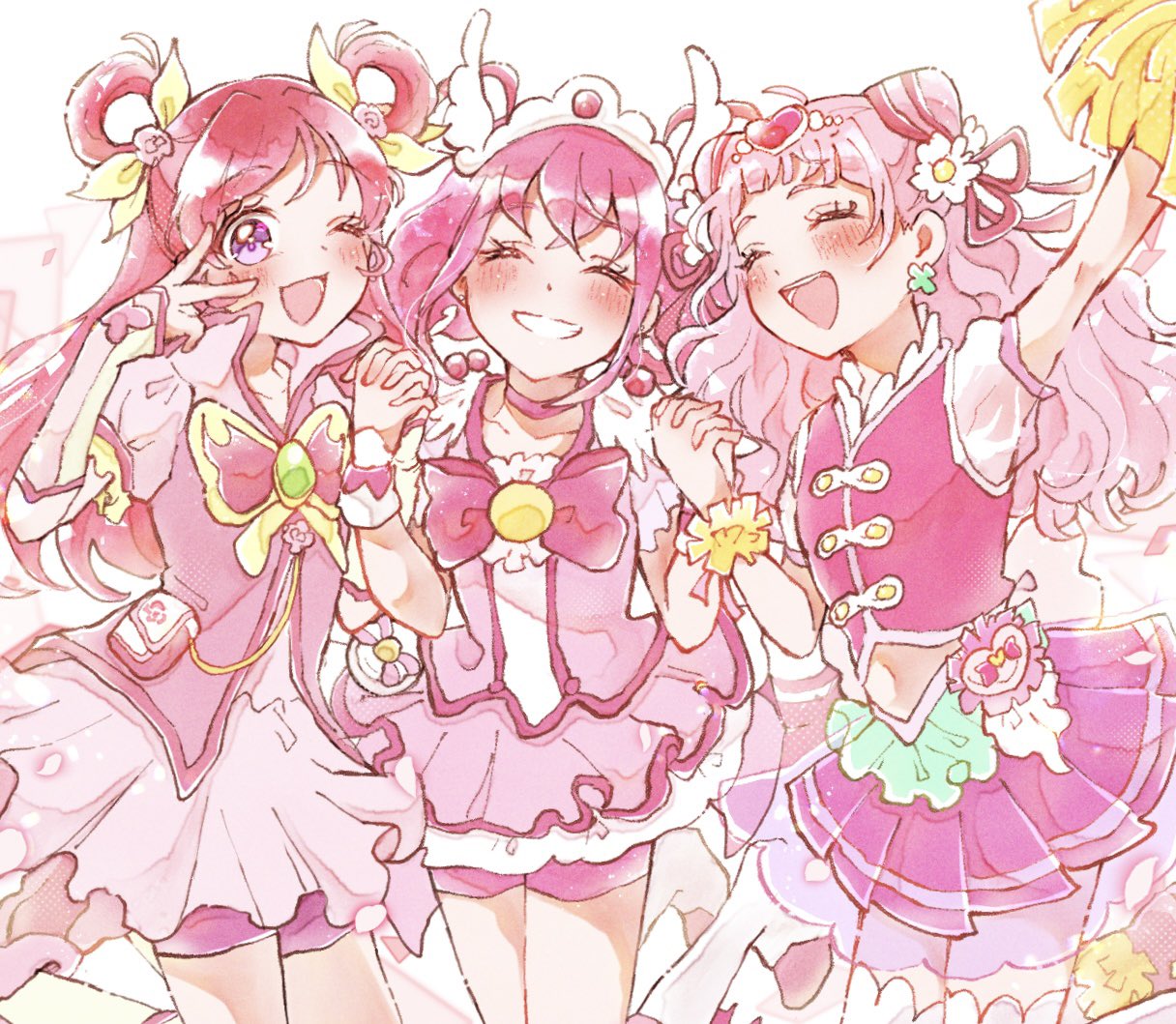 3girls bike_shorts bike_shorts_under_skirt blush bow brooch butterfly_brooch choker closed_eyes clover_earrings cone_hair_bun cure_dream cure_happy cure_yell earrings flower hair_bun hair_ornament hair_ribbon head_wings heart heart_hair_ornament heart_pouch holding_hands hoshizora_miyuki hugtto!_precure jewelry layered_skirt long_hair looking_at_viewer magical_girl multiple_girls nono_hana one_eye_closed open_mouth pink_bow pink_choker pink_eyes pink_hair pink_shorts pink_skirt pink_theme pom_pom_(cheerleading) precure ribbon shortcake_p shorts shorts_under_skirt skirt smile smile_precure! thick_eyelashes tiara twintails v white_background wings wrist_cuffs yes!_precure_5 yes!_precure_5_gogo! yumehara_nozomi