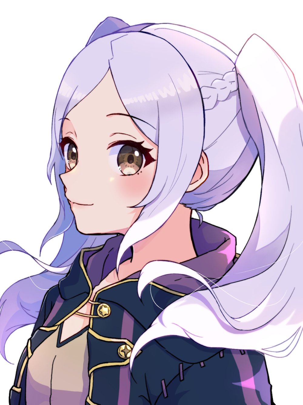 1girl black_coat brown_eyes closed_mouth coat eyelashes fire_emblem fire_emblem_awakening gogatsu_(yeaholiday) highres long_hair looking_at_viewer open_clothes open_coat parted_bangs robin_(female)_(fire_emblem) robin_(fire_emblem) smile solo twintails upper_body white_background