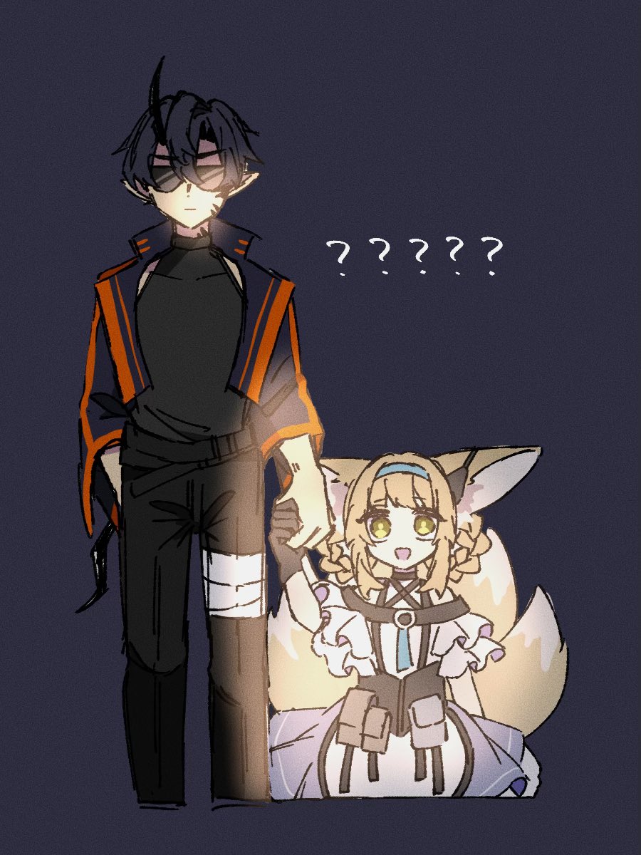 1boy 1girl :d ? ?? animal_ears arknights black_gloves black_hair black_pants black_shirt blue_hairband braid braided_hair_rings closed_mouth commentary cropped_legs demon_boy dress earpiece flamebringer_(arknights) fox_ears fox_girl fox_tail frilled_sleeves frills gloves green_eyes grey_background hair_rings hairband height_difference highres holding_hands horns jacket kitsune kyuubi multiple_tails open_mouth oripathy_lesion_(arknights) pants pointy_ears ruozhe shirt short_hair short_sleeves single_glove single_horn sleeveless sleeveless_shirt smile sunglasses suzuran_(arknights) symbol-only_commentary tail twin_braids