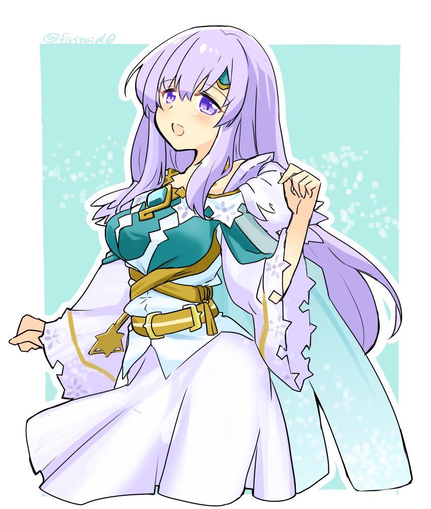 1girl cape circlet fire_emblem fire_emblem:_genealogy_of_the_holy_war fire_emblem_heroes green_cape jewelry julia_(fire_emblem) julia_(resplendent)_(fire_emblem) long_hair official_alternate_costume open_mouth purple_hair sash simple_background solo violet_eyes wide_sleeves yukia_(firstaid0)