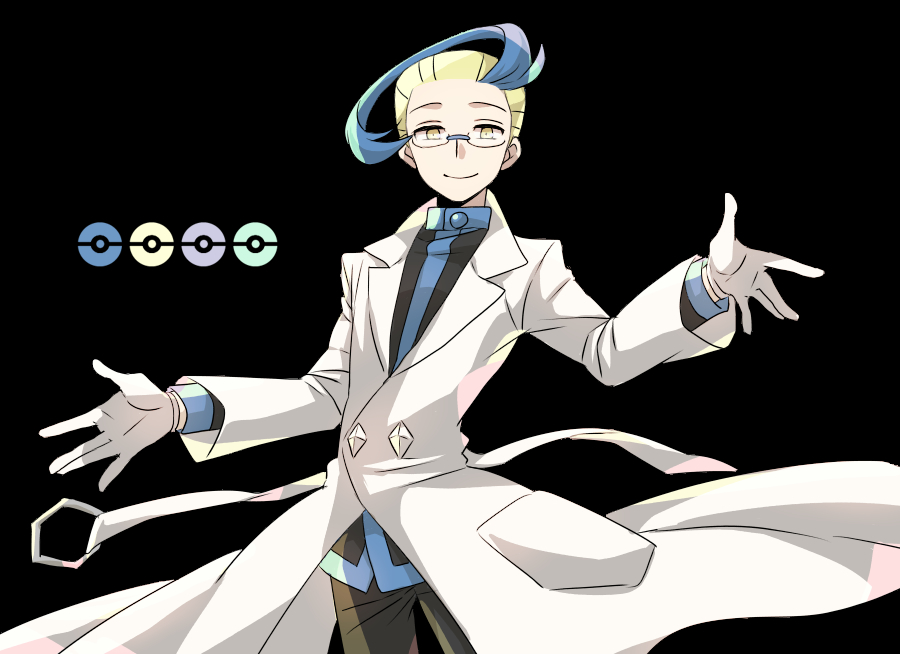 1boy black_background blonde_hair blue_hair colress_(pokemon) commentary_request cowboy_shot glasses gloves lab_coat male_focus misooo_2j multicolored_hair pokemon pokemon_bw2 solo two-tone_hair white_gloves yellow_eyes