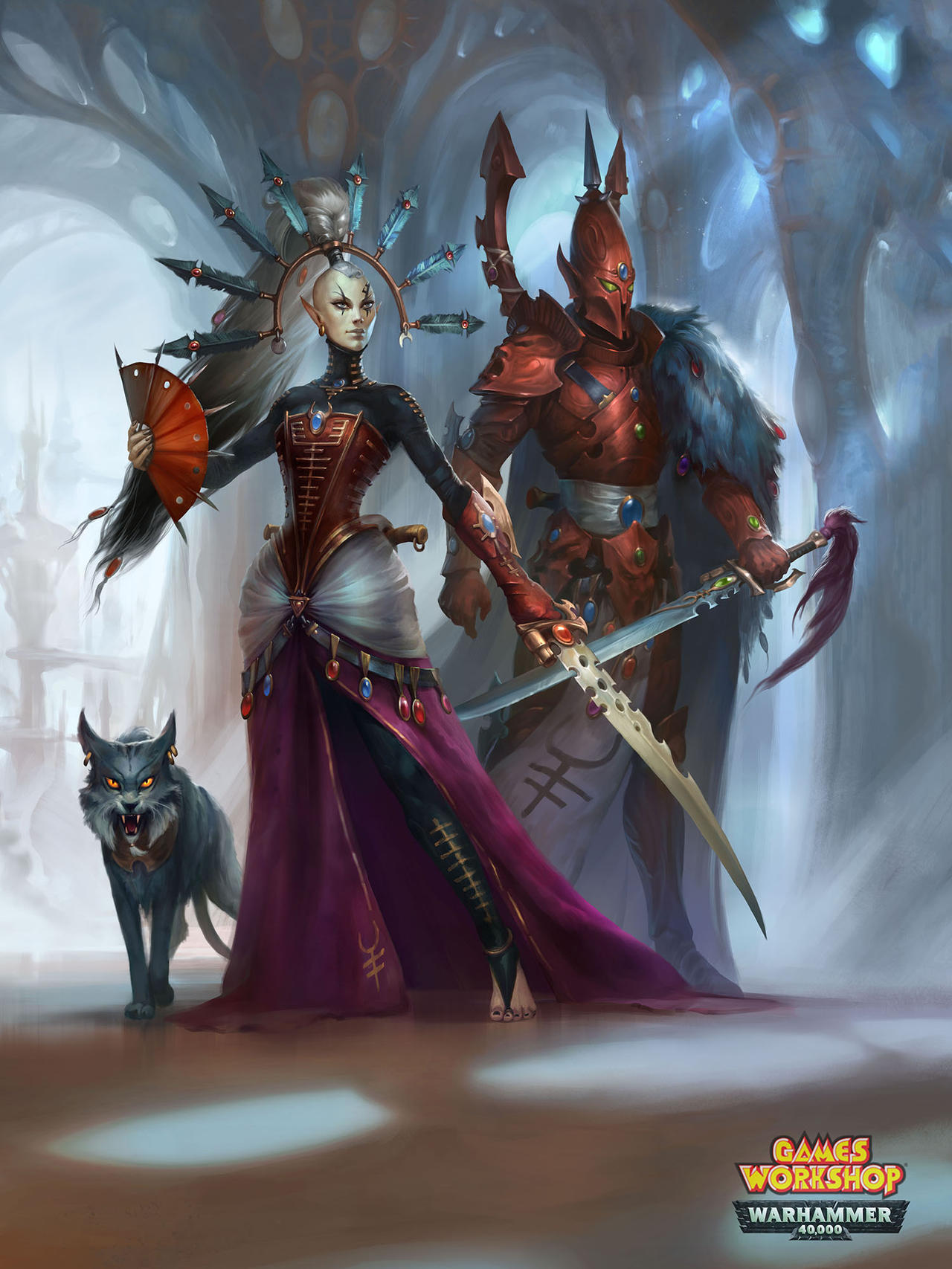 1boy 1girl anna-lakisova armor armored_boots armored_dress blue_gemstone bodyguard boots breastplate cape chest_jewel colored_sclera commentary company_name copyright_name dress earrings eldar english_commentary fan_blade faulds feathers feet forehead_jewel full_armor gauntlets gem greaves green_gemstone hand_fan helmet highres holding holding_sword holding_weapon jewelry long_hair nail_polish paper_fan pauldrons plume pointy_ears ponytail power_armor purple_gemstone red_gemstone saber_(weapon) sharp_teeth shoulder_armor sphinx sword teeth thigh-highs very_long_hair warhammer_40k weapon white_hair yellow_sclera yvraine