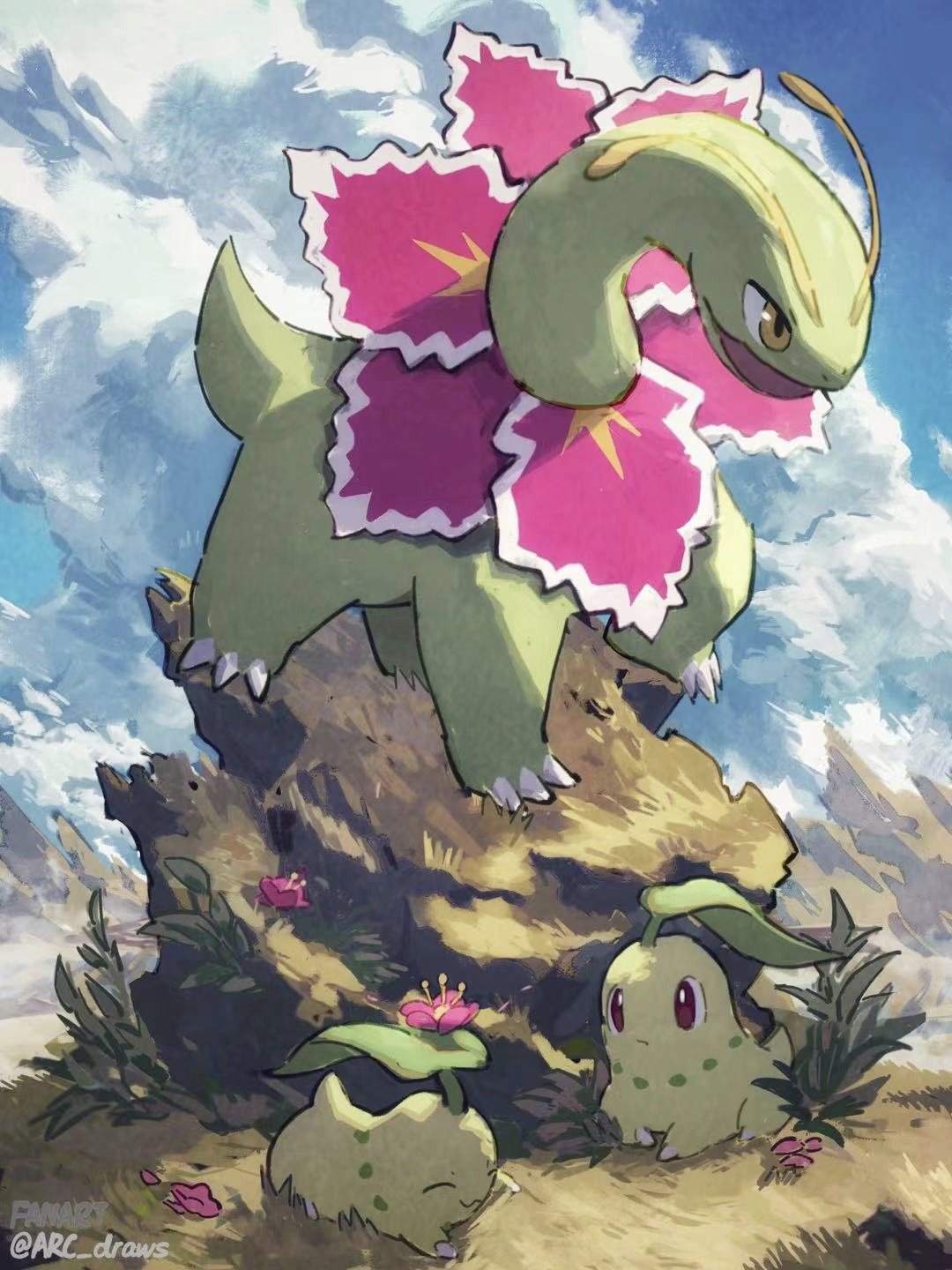 arc_draws chikorita claws closed_mouth clouds commentary_request day flower grass highres meganium no_humans open_mouth outdoors pink_flower pokemon pokemon_(creature) sky standing yellow_eyes