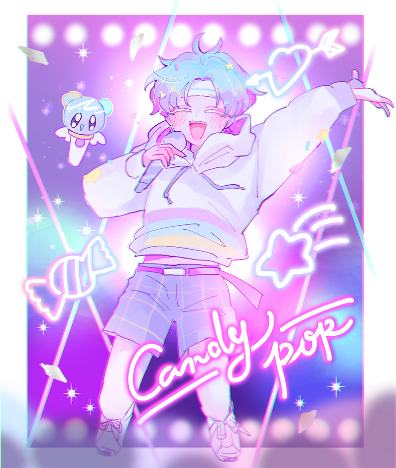 1boy blue_eyes blue_hair blue_shorts commentary commentary_request concert cookie_run happy holding holding_microphone hood hood_down hoodie humanization mamimumemo microphone multicolored_hair music open_mouth personification popping_candy_cookie purple_hair shorts singing smile solo spotlight stage two-tone_hair white_hoodie