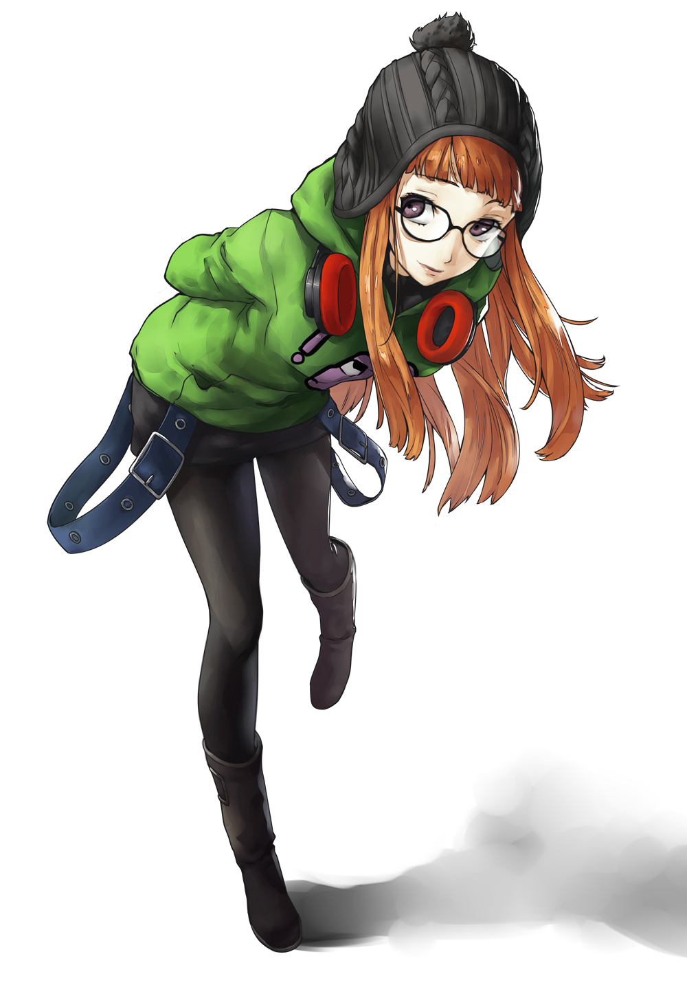1girl arms_behind_back beanie black_headwear black_pantyhose black_skirt blunt_bangs boots closed_mouth english_commentary full_body glasses green_hoodie hat headphones headphones_around_neck highres hood hood_down hoodie leaning_forward lips long_hair looking_at_viewer miniskirt official_alternate_costume orange_hair ozkh pantyhose persona persona_5 persona_5_the_royal pom_pom_(clothes) sakura_futaba simple_background skirt solo suspenders violet_eyes white_background